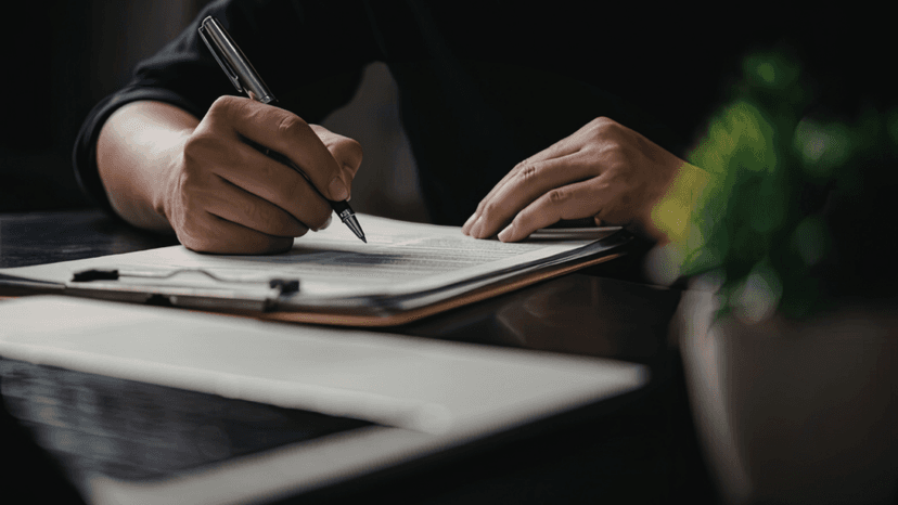 A person signing documents to report property tax fraud formally