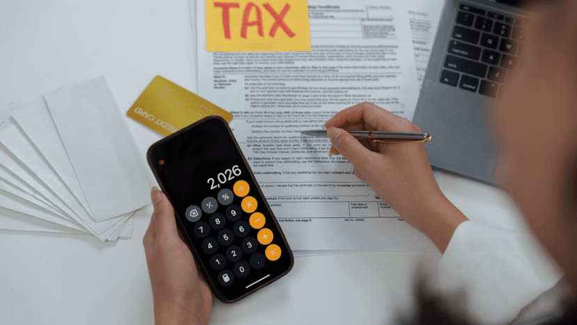 Homeowner calculating tax obligations alongside withholding paperwork